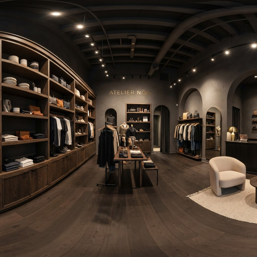 Immersive 360-degree panoramic view of a stylish retail boutique interior