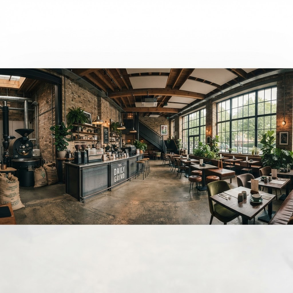 Wide 360-degree interior view of a modern café captured for a virtual tour