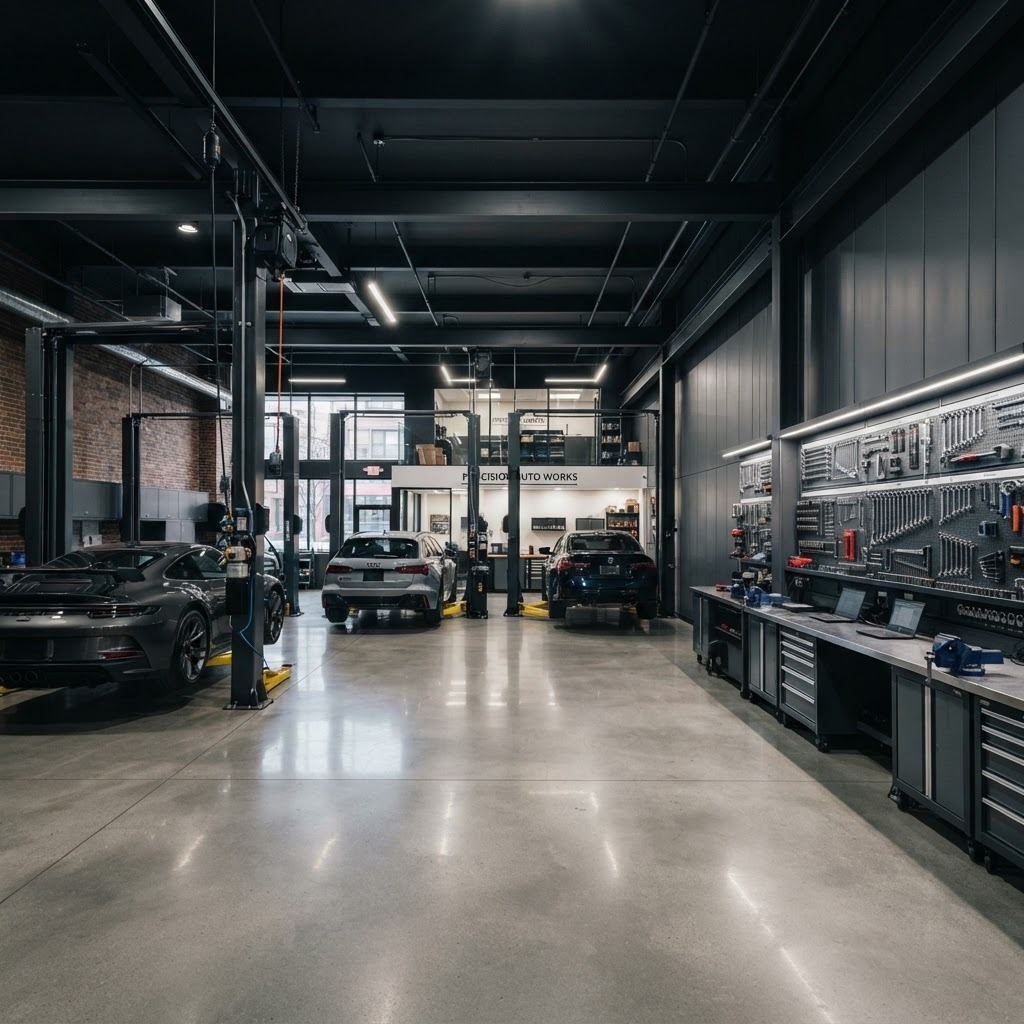 Interior of a clean modern independent auto repair garage