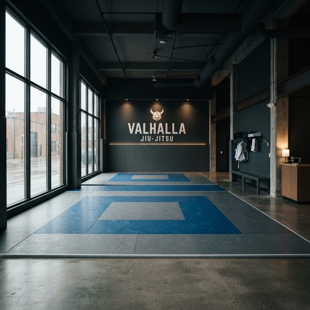 Interior of a premium jiu-jitsu grappling gym with matted floors