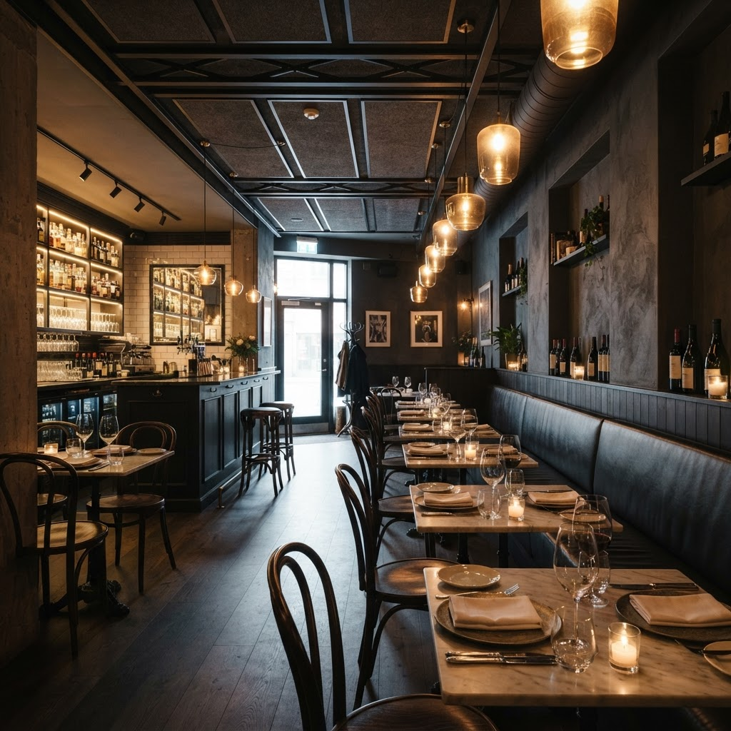 Warmly lit interior of an intimate modern bistro restaurant
